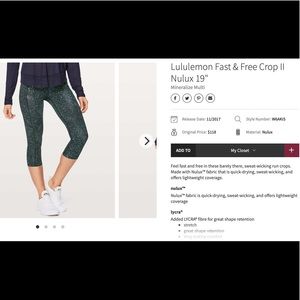 Lululemon Fast and Free Crop 19” (Nulux) - size 6